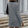Womens Belted Spliced Long Double Breasted Black White Plaid Blazer