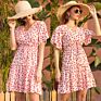 Womens Stripe Midi Dresses V Neck Polka Dot Ruffles Short Sleeve Kimonos Ladies Boho Dresses with Belt