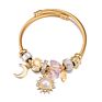 Adjustabler Sun Moon Pendant Women Pink Crystal Stainless Steel Bangle Charm Bracelet