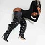 Black Pleated Thigh High Boots for Ladies Pointy Toe over Knee High Stilettos Extra-Large Tube Women's Long Boots