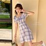 Bow Tie Square Neck Plaid Bubble Sleeve Dress Women Waist A-Line Dress