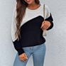 Casual Loose Long Sleeves Crew Neck Knitwear Color Blocking Sweater Pullover Women