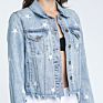 Classic Fit Star Embroidery Womens Distressed Crop Denim Jacket