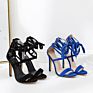 Deleventh Shoes Woman Catwalk Show Ankle Cross Strap Open Toe High Sandal Faux Suede Stiletto Heels Shoes Black Blue