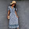 Ethnic Print Long Dress Women Tie Tassel Lace Short Sleeve Boho Lady Beach Rayon Maxi Dresses Female Loose