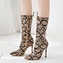 Fall Green Snakeskin Women Mid Calf High Heel Boots Pointed Toe Serpentine Leather Boots Boots Zip