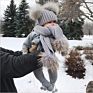 Girl Pompon Hats and Scarves Sets Knitted Warm Nature Fur Pom Pom Hat Scarf Thick Beanies Hats Kids Baby Solid Bones