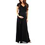 Graceful Maternity Mum Long Flowing Cross-Front Deep V Neck Solid Short-Sleeve Slim Formal Evening Nursing Dress with Waist Belt