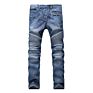 High Street Motorcycle Biker Men's Jeans with Wrinkle and Elastic Jeans with Zipper Pocket