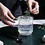 Iridescent Glass Coffee Mug with Lid Premium Classical Vertical Stripes Glass Tea Cup for Latte Tea Chocolate Juice Water