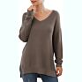 Pattern Sweater Side Split Design Long-Sleeved V-Neck Pullover Ladies Sweater
