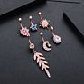 Paved Zircon Long Leaf Dangle Belly Button Rings with Women Beach Curved Surgical Steel Belly Rings