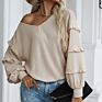 Ready to Ship Vintage Ladies plus Size Blouses V Neck Raffled Sleeve Waffle Autumn Fall Blouse Shirt for Women