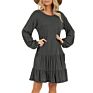 Ruffle Hem Pocketed Solid-Colored round Neck Long Sleeve Midi Dress