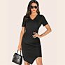 Short Sleeve Women Lady Solid V Neck Casual Asymmetric Midi Dress Sweater Dress