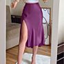 Solid Satin Elastic Waist Women Side Slit Midi Skirt Button Decoration Slim A-Line Skirts