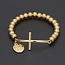 Stainless Steel Gold 8Mm Beads Rosary Chain Women Men Cross Bracelet with Virgin Mary Pendant Bracelet
