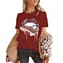 T-Shirt Women Casual Funny Graphic Leopard Lips Print T Shirts for Women OLD