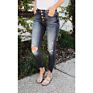 Top Women's High Elastic Ripped Skinny Jeans Button Slim Mid-Waist Jeans Women's Denim Trousers