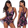 Tropical Women's Elegant V-Neck One Piece Swimsuit with Skirt, Floral Skirted Swimwear Swim Suit Cover up Dress