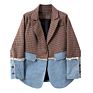 Twotwinstyle Temperament Plaid Casual Loose Patchwork Denim Colorblock Ladies Blazer