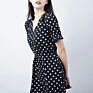 V-Neck Dot Print Corrugated A-Line Slim Waist Short-Sleeved Chiffon Woman Slit Long Dress