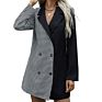 Womens Belted Spliced Long Double Breasted Black White Plaid Blazer