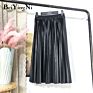 Yellow Black Long Skirts Plain Pleated Midi Pu Leather Skirt Women