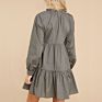 100 Cotton Fitted Twill Solid Color V Neck Dresses Dark Olive Green Long Sleeve Gathered 2 Tier Skirt Dress