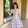 Bow Tie Square Neck Plaid Bubble Sleeve Dress Women Waist A-Line Dress