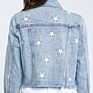 Classic Fit Star Embroidery Womens Distressed Crop Denim Jacket