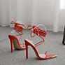 Green and Red Sandals Oullis Lace up Strappy Ankle Strap Square Toe Heels for Ladies