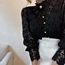 Korean Style Women's White Shirt Vintage Hollow Out Women's Top Casual Sweet Style Lace Long Sleeve Stand Collar Shirt