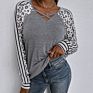 Latest Design Patchwork Stripe Leopard Color Block Woman Long Sleeve Tunic V Neck Knit T Shirt Cotton Blouse Tops Fall Clothing