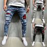 Lw-1007 Casual Style Checked Fabric Ripped Denim Pants Slim Fit Jeans for Men