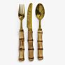 Natural Bamboo Silverware Set with Serving Utensils, Stainless Steel Forged Cutlery Salad Fork and Spoon Set for Hotel