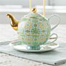 Nordic Style Teapot Cup Saucer Set Red Color Decal Design Gold Rim Handle Ceramic Bone Tea for One Set