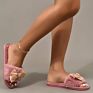 Oversized Bows Decorated Women's Flat Plush Sandals and Slippers