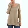 Pattern Sweater Side Split Design Long-Sleeved V-Neck Pullover Ladies Sweater