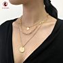 Personalized Triple Layer Link Chain Multilayer Gold Plated Double Coin Disc Pendant Necklace for Women