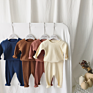 Rib Children Clothes Brown Color 2 Pcs Fitted Wear Cotton Pajamas
