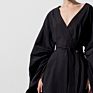 Sell Black Dress Ladies Long Elbis V-Neck Flared Sleeves Waist Chic Slim Robe Pleated French Dress Audrey Hepburn Dress