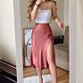 Solid Satin Elastic Waist Women Side Slit Midi Skirt Button Decoration Slim A-Line Skirts