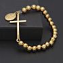Stainless Steel Gold 8Mm Beads Rosary Chain Women Men Cross Bracelet with Virgin Mary Pendant Bracelet