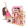 Three Floors Wooden Big Dollhouse Toy Family House with Lights, Garage and Yard Furniture Play Accessories