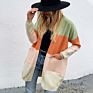 Top Long Sweater Jacket Open Front Women Color Clash Block Rainbow Cardigan