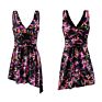 Tropical Women's Elegant V-Neck One Piece Swimsuit with Skirt, Floral Skirted Swimwear Swim Suit Cover up Dress