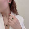 Vintage Stainless Steel Jewelry Natural Jade Bridal Jewelry Set Micro Paved Cz Green Gemstone Emerald Necklace Ring Earrings Set