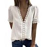 Women Deep V Neck Chiffon Blouse Embroidered Lace Short Sleeve Front and Back Lining Top