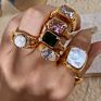 Women Jewelry Multicolor Chunky Twisted Croissant Statement Emerald Ring Colorful Rectangle Crystal Cz Diamond Ring
